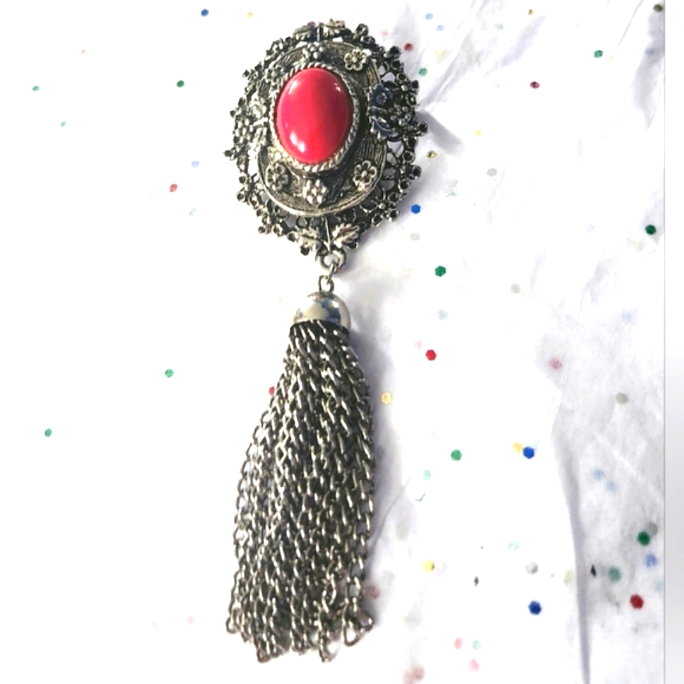 Vtg Unsigned Arthur Pepper Art Silver Tone.Red.Cabochon Tassel Pin Brooch